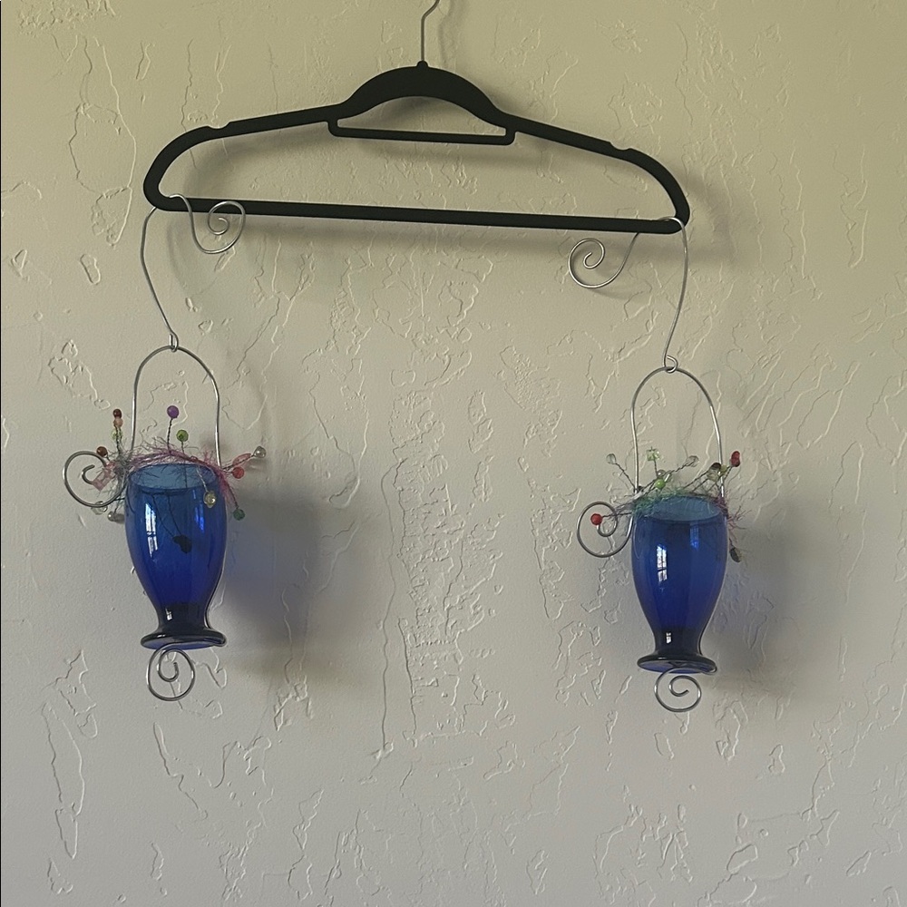 Blue Hanging Glass Vases with Wire Accents